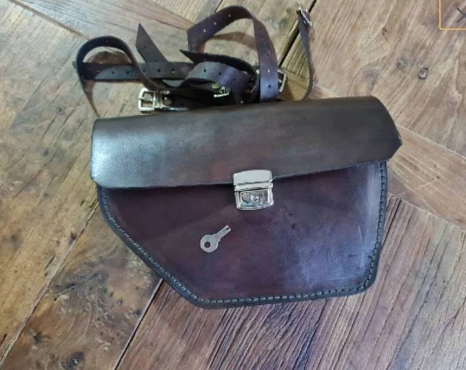 Moto Guzzi V7 right side bag with café racer scrambler key closure. Dark walnut leather