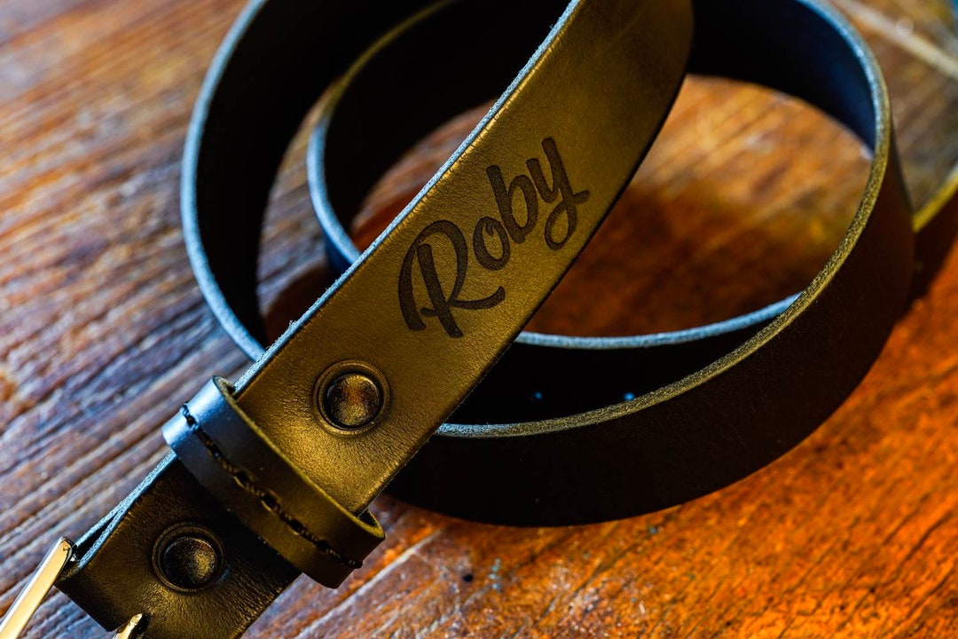 Black Leather Belt With Solid Brass Buckle and Laser  display picture 1