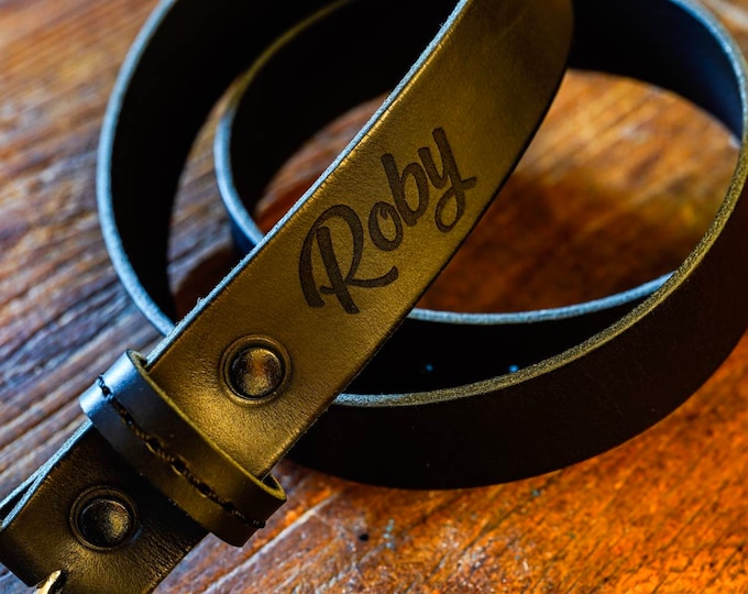 Black leather belt with solid brass buckle and laser customization