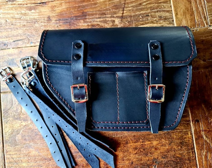 Moto Guzzi V7 right side bag cafe racer scrambler. BLACK leather with RED stitching