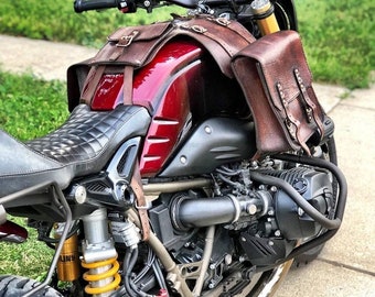 BMW R nine T tank bags for all models. Dark walnut Tuscan leather. Hand-made in Italy.