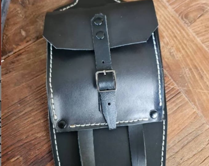 Triumph Bonneville, Scrambler leather tank belt Cafe Racer and Scrambler. Black leather tank band and white stitching