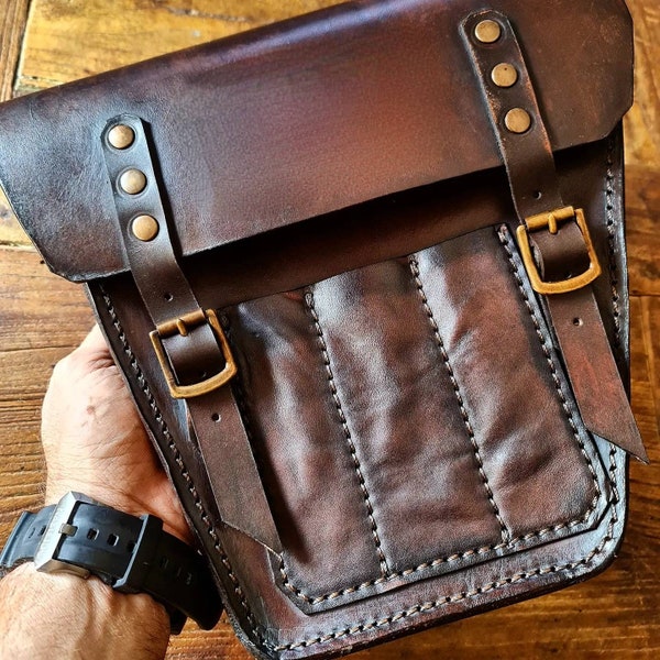 Triumph Bonneville Scrambler left side bag. Aged dark walnut color. Handmade in Italy.