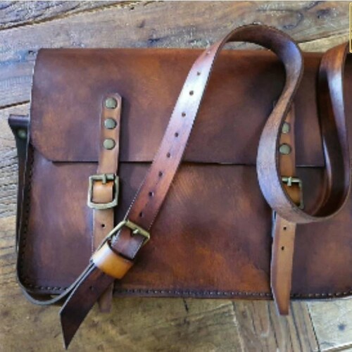 Vintage Style Leather Messenger Bag. Rustic Brown Color and Patina
