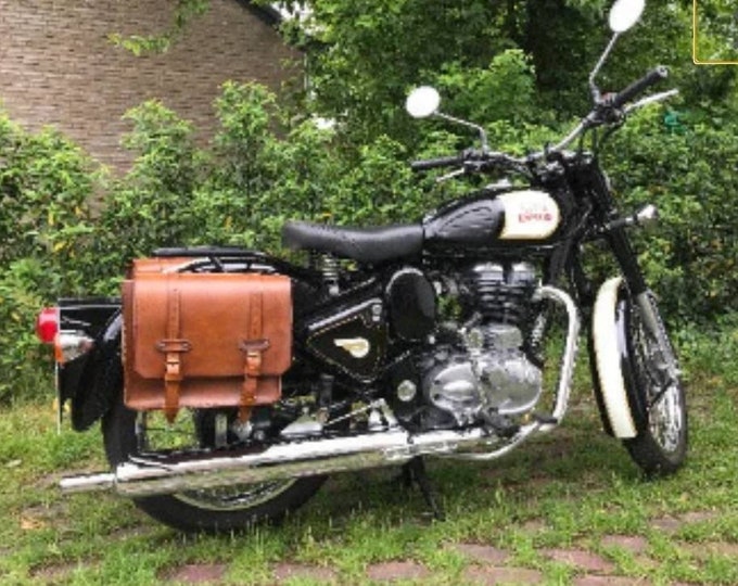 Cafe racer scrambler custom special motorcycle side bags. Aged leather 4 mm. Entirely hand made. Royal enfield model.