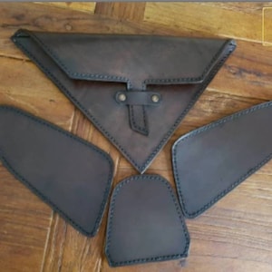 Bmw k75 k100Cafe racer scrambler tank protectors aged leather dark walnut worked and document bag left frame.