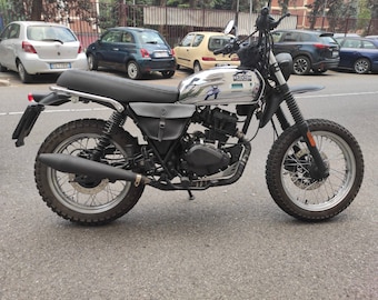 Brixton 125 series right side bag side cover. Scrambler. Black leather color. Entirely handmade. Hand made in Italy.