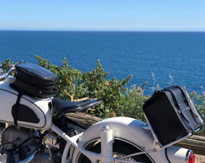 BMW R69 black leather motorcycle trunk