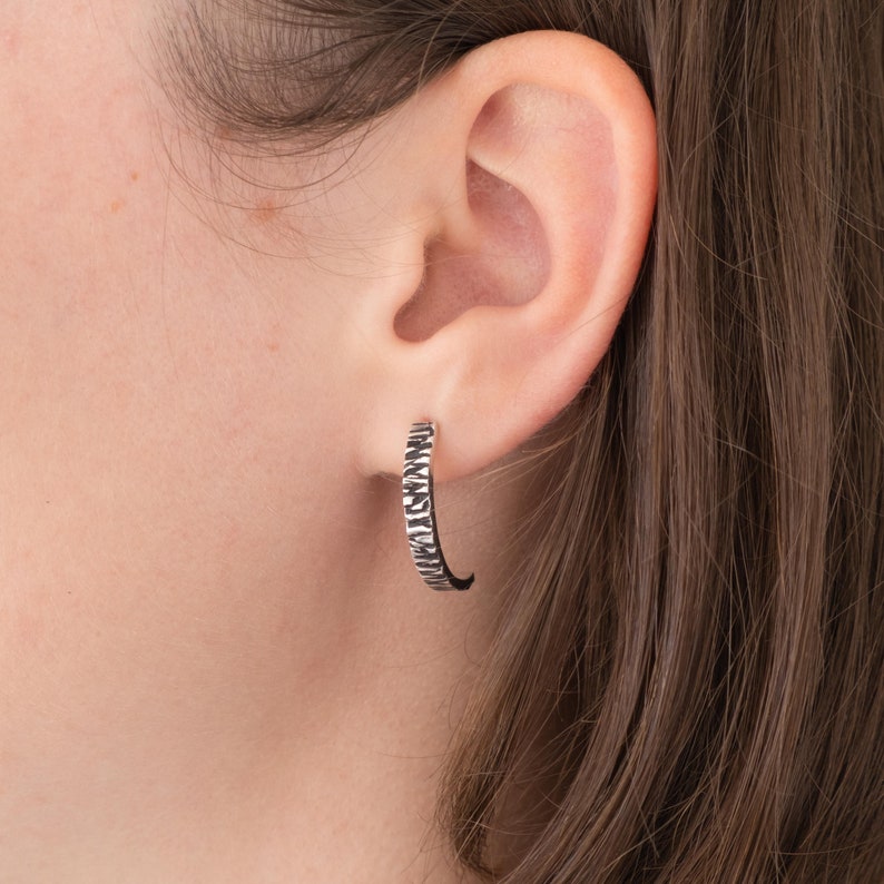 Sterling Silver Tree Bark Open Hoops, Unusual Everyday Jewellery for