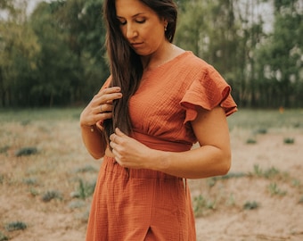 GOTS-certified organic handmade skirt in terracotta