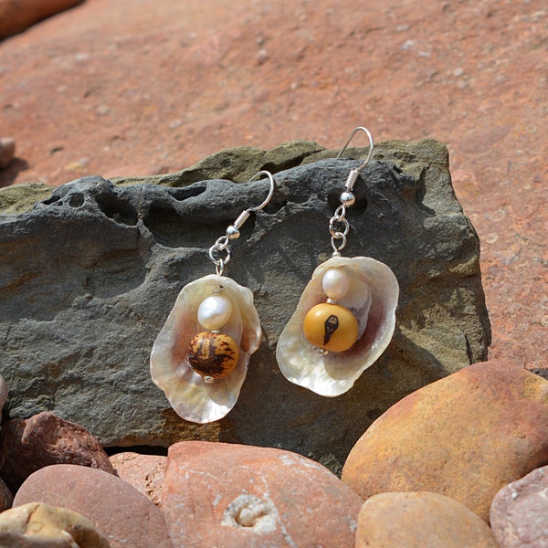 Earth to Ocean: Iridescent Beachcombed Shell Earrings with Freshwater Pearls and Acai Beads - Beach Vibe, Handcrafted Natural Jewellery