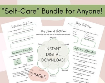 May include: A printable digital self-care bundle with five pages. The pages include sections for cultivating self-care, daily self-care, self-care affirmations, and a section for identifying your areas of self-care. The pages are decorated with green and white circles and a feather illustration.