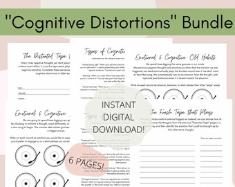 Può includere: Un set di fogli di lavoro stampabili per distorsioni cognitive. I fogli di lavoro presentano un'illustrazione in bianco e nero di un nastro audio e il testo "The Distorted Tape", "The Fresh Tape that Plays" e "Types of Cognitive Distortions".