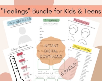 Printable Feelings Bundle for Kids & Teens - 6 Pages (Emotions, Mental Health, Worksheet, Children, Youth, Therapy, Therapist, Template)