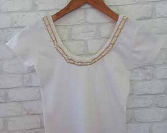 Womens T-shirt with Pearl Jewel Neckline, Double Necklace, Pearls, Womens T-shirt, Ladies Shirts, Fashion Shirt, Gift For Her