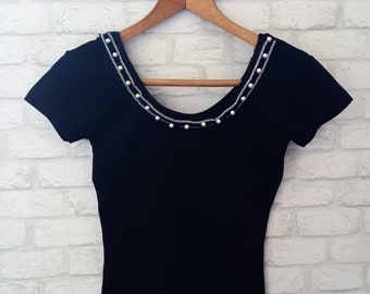 Womens T-shirt with Pearl Jewel Neckline, Double Necklace, Pearls, Womens T-shirt, Ladies Shirts, Fashion Shirt, Gift For Her