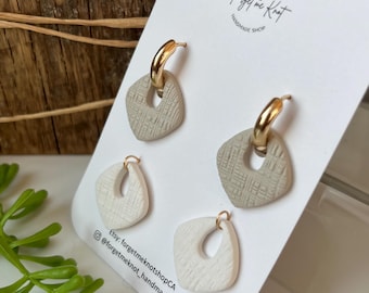 Interchangeable 3-in-1 linen textured Diamonds, Handmade Polymer Clay Earrings