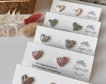 GOLD TRIMMED HEARTS Single Stud Clay Earrings, Polymer Clay Handmade Earrings, Gift for her, Statement Earrings