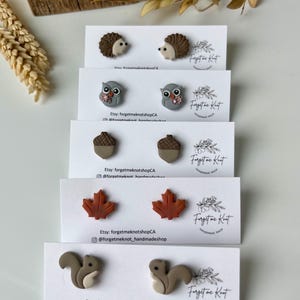 May include: Five pairs of stud earrings on white display cards labeled Forget me Knot. The designs include brown hedgehogs, gray owls with pink flowers, brown acorns, orange maple leaves, and light brown squirrels, all crafted in a matte finish.