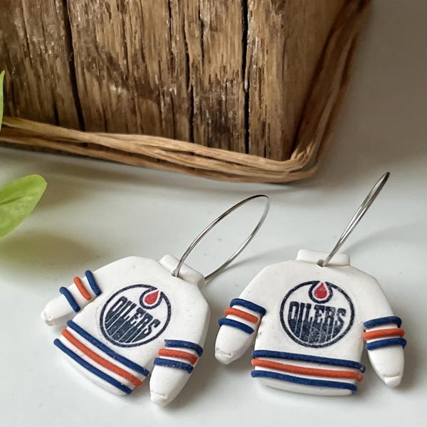Pendientes de arcilla con la camiseta de hockey Edmonton, pendientes de arcilla polimérica hechos a mano