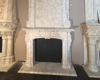 Hand Carved Natural Limestone Fireplace Mantel w/ Overmantel