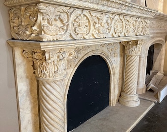Hand Carved Natural Limestone Fireplace Mantel w/ Overmantel