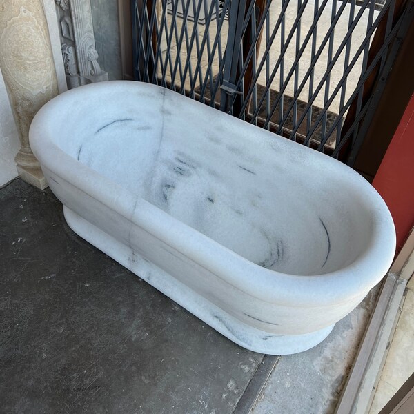 Hand Carved Light Grey Marble Bathtub