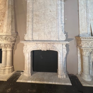 Hand Carved Natural Limestone Fireplace Mantel w/ Overmantel