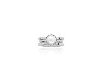 Stackable Pearl Ring Set • Elegant 3-in-1, 925 Sterling Silver w/ Freshwater Pearl Ring for Women • Removable ring set • Gift ideas for Mom