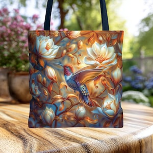 Hummingbird Garden Tote Bag, Bird Lovers Bag: Floral Market Handbag, Everyday Carryall , Botanical Flowers Bag, Work Tote, Office Bag,