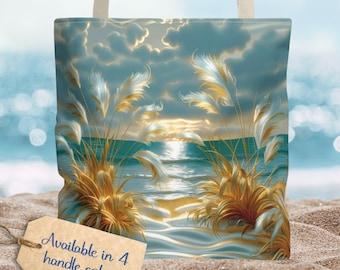 Ocean Scenery Tote Bag, Sunset Beach Tote Bag, Sea Oats Summer Beach Bag, Ocean Lover Gift