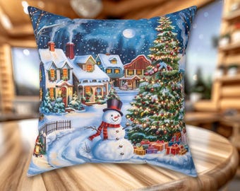 Christmas Village Throw Pillow, Snowman and Christmas Tree Cushion, Winter Wonderland Holiday Home Decor, Festive Living Room Accent Pillow