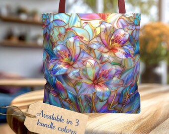 fourre-tout à fleurs Lys | Sac de marché botanique aspect vitrail | Cadeau inspiré du jardin pour elle