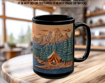 Camping Campfire Mug, Wood Carved Style Coffee Mug, Mountain Deer Nature Cup, Outdoor Camping Gift for Camper & Hiker