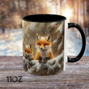 11oz, 15oz coffee ACCENT mug, fox family mug, snowy forest, winter fox lover gift, Christmas gift, wildlife art tea cup, animal lover gift,
