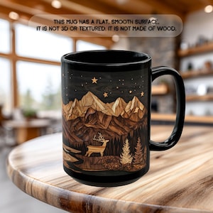 Deer Mountain Cabin Ceramic Mug, Rustic Nature Lover Gift, Carved Wood Style, Mountain cabin tea cup, Rustic Kitchen Decor 15oz