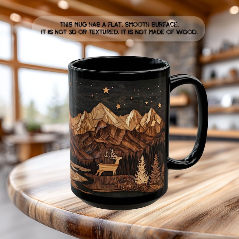 Deer Mountain Cabin Ceramic Mug, Rustic Nature Lover Gift, Carved Wood Style, Mountain cabin tea cup, Rustic Kitchen Decor 15oz