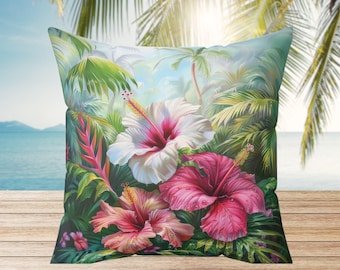 Tropical Flowers Throw Pillow, Hibiscus Floral Cushion, Floral Cushion, Island Botanical Home Decor