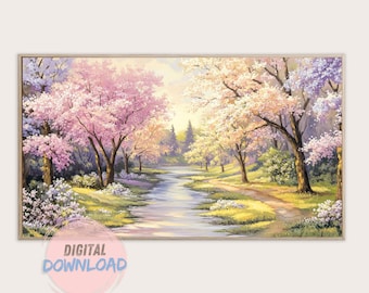 Spring Landscape Wall Art, Samsung Frame TV Art, Digital Print, Instant Digital Download, Cherry blossom Painting, Sakura, Blooming Flowers,