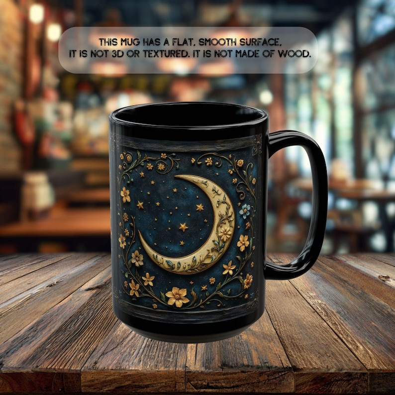 Dark Academia Coffee Mug, Celestial Crescent Moon Mug, Witchy Gothic Cottagecore Wildflower Gift 15oz