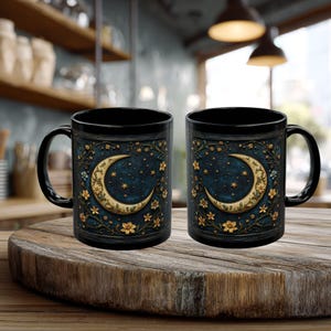 Dark Academia Coffee Mug, Celestial Crescent Moon Mug, Witchy Gothic Cottagecore Wildflower Gift zdjęcie 4