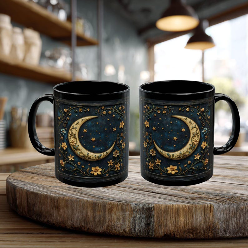 Dark Academia Coffee Mug, Celestial Crescent Moon Mug, Witchy Gothic Cottagecore Wildflower Gift zdjęcie 4