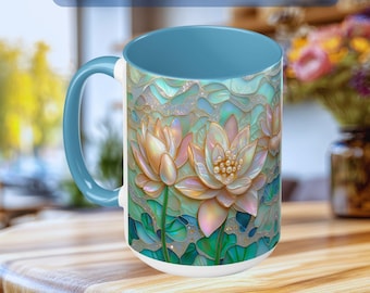 Lotus Mug, Floral Stained Glass Style Coffee Mug,  Botanical Tea Mug, Garden Lover Gift