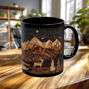 Deer Mountain Cabin Ceramic Mug, Rustic Nature Lover Gift, Carved Wood Style, Mountain cabin tea cup, Rustic Kitchen Decor 11oz