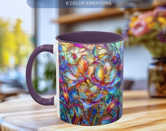 Lily Coffee Mug, Floral Stained Glass Style Tea Mug, Botanical Garden Kitchen Decor