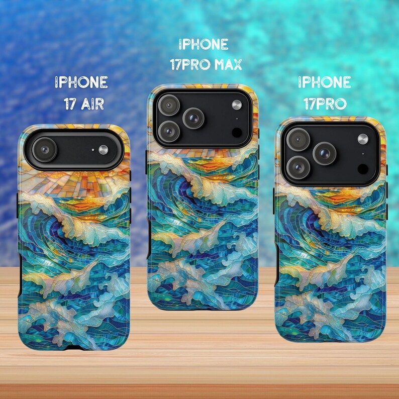 May include: Three iPhone cases with a vibrant ocean wave design. The cases are labeled "iPhone 17 Air", "iPhone 17 Pro Max", and "iPhone 17 Pro". The wave pattern features shades of blue, yellow, and white, creating a dynamic and artistic look.