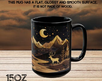 Deer Mountain Coffee Mug, Rustic Cabin Ceramic Cup, Carved Wood Style Mug, Nature Lover Gift,