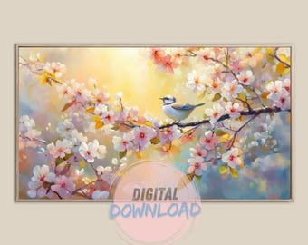 Cherry Blossom Bird Art, Floral Oil Painting Style Print, Spring Wall Decor, Samsung Frame TV Art, Instant Digital Download, Sakura