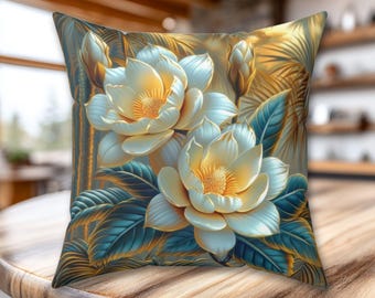 Tropical Floral Throw Pillow | White Flower and Palm Leaf Cushion | Coastal Botanical Home Decor Accent Pillow for Beach House Style
