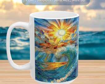 Ocean Wave Stained Glass Style Coffee Mug, Sunset Beach Tea Mug Gift, Kitchen Coastal Decor,